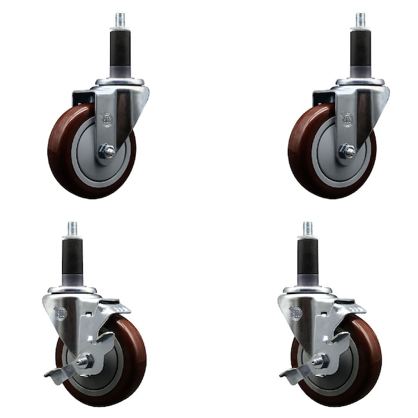 Service Caster 4'' SS Maroon Poly Wheel Swivel 1-1/8'' Expanding Stem Caster Set 2 Brakes, 4PK SCC-SSEX20S414-PPUB-MRN-2-TLB-2-118 - main